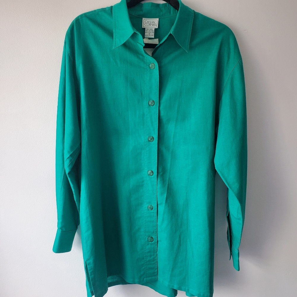 Casual Corner Woman's VTG Teal Button-Up Shirt Linen Blend Sz M Beach Resortwear